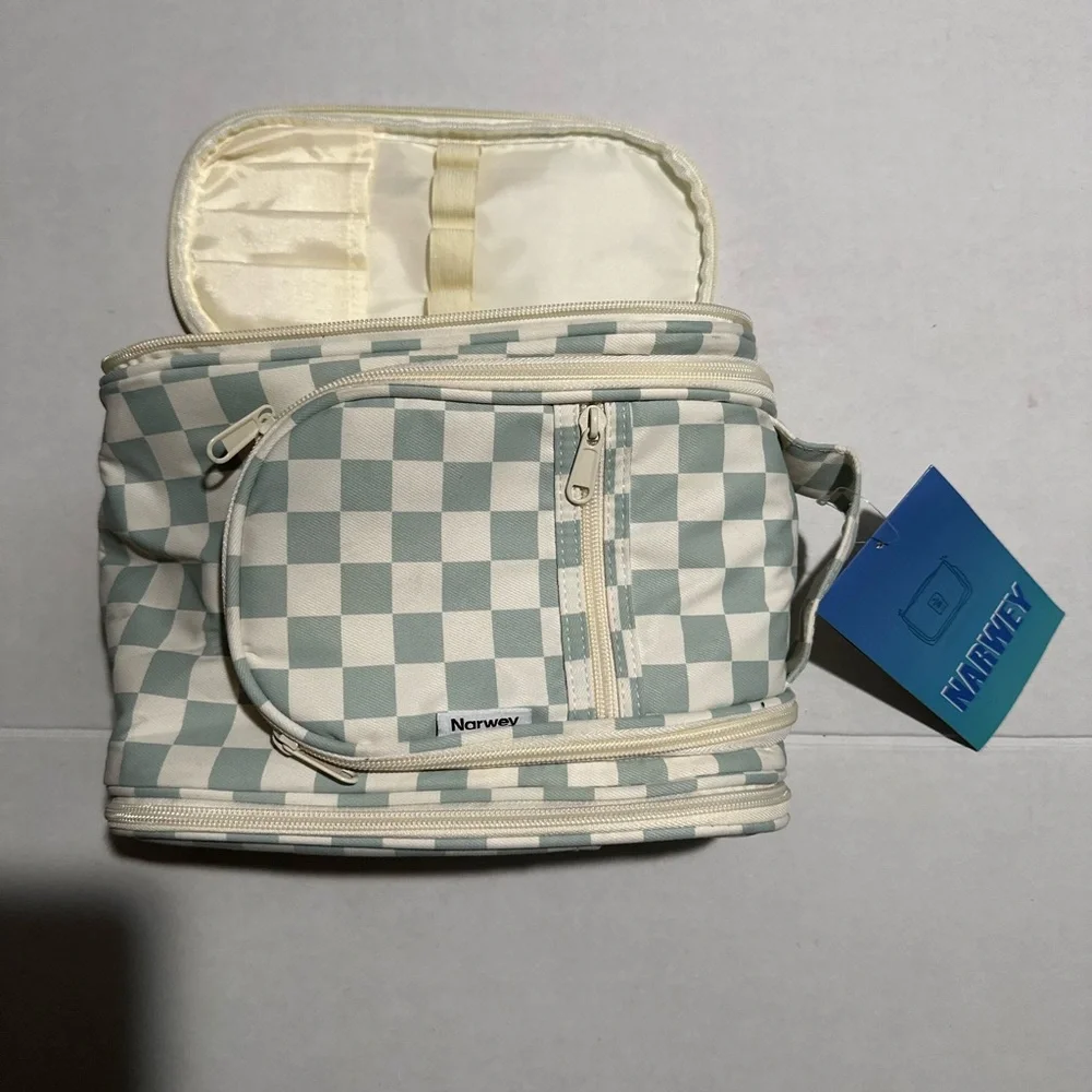 Checkered Travel Toiletry Bag - Green and White